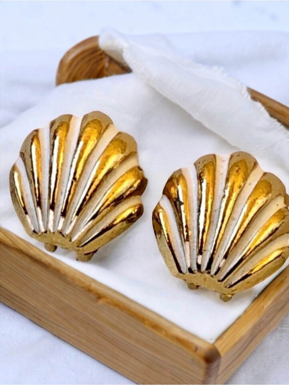 MIMI di N Clip-On Earrings Goldtone Metal + White Enamel Shell Shape Signed